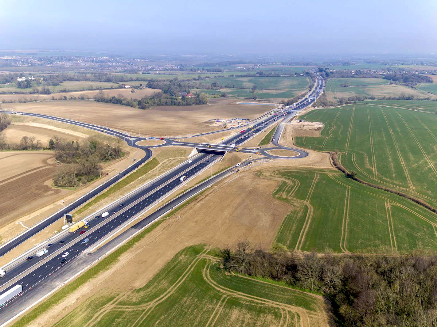 The new M11 Junction 7A overbridge and roundabouts near Harlow, Essex, UK